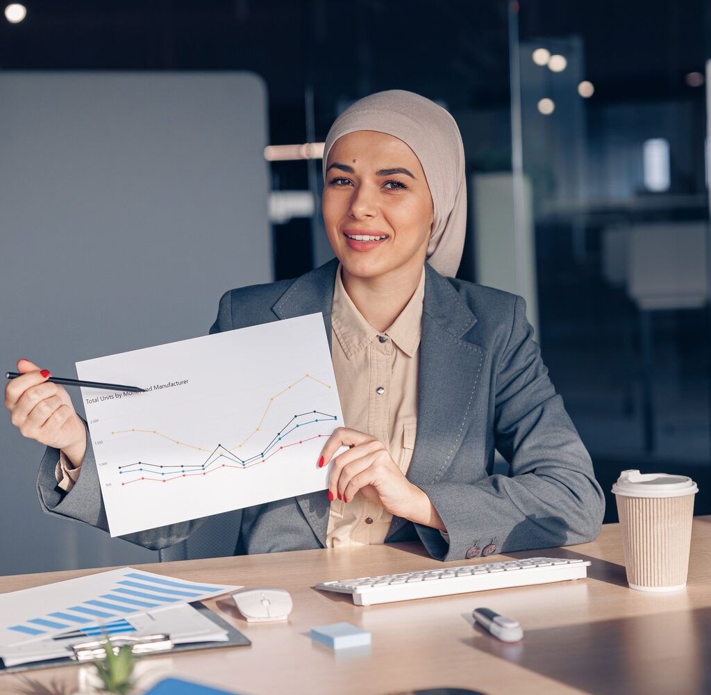 Smiling Muslim Businesswoman In Hijab Shows A Grap AMH74W7 1024x1000